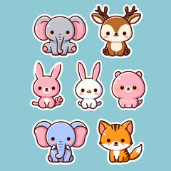 Big set of cute cartoon animal stickers vector illustration. Flat design