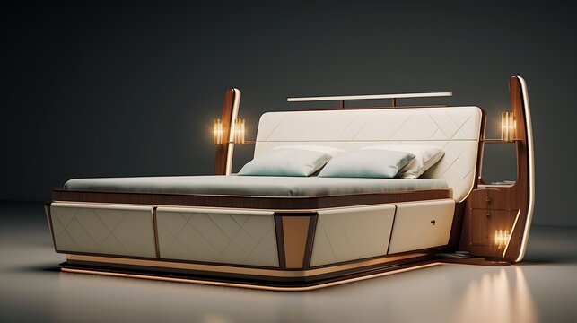 Image featuring an elegant, geometrically designed bed frame with hidden drawers underneath, capturing the glamour of the Art Deco era