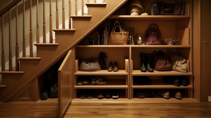 Fototapeta na wymiar Hickory wood hidden storage compartments under stairs with a warm tone