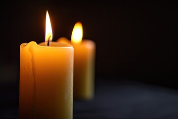 Three candles on a black background with one in sharp focus and the rest blurred