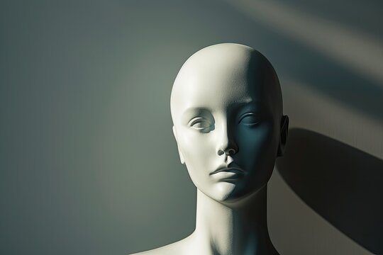 Black and white portrait of a female mannequin with lighting effects on a grey background