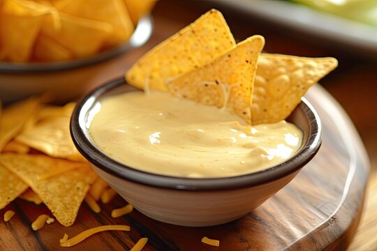 Tortilla chip in cheesy queso