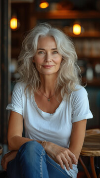 Old Caucasian woman in white t-shirt and jeans sitting at table at modern cafe.