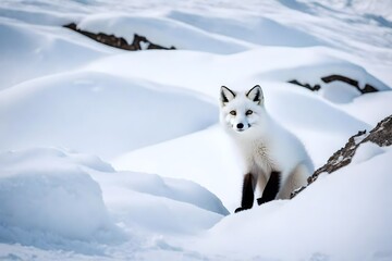 Marvel at the elegance and grace of a young white arctic fox as it frolics amidst the pristine winter landscape, its fur reflecting the soft sunlight, casting a warm, inviting glow. - obrazy, fototapety, plakaty