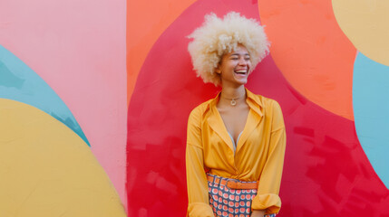 Cute girl with blond afro laughing while standing against a vibrant colorful wall