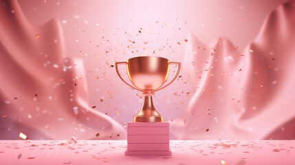 Pink trophy on a pedestal with flying confetti, symbolizing victory. Ai Generated.