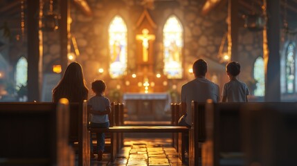 Family in Church at Sunset, family of four is silhouetted against the warm glow of a sunset through...