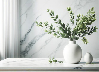 vase with plants isolated on a white marble table against a white marble background