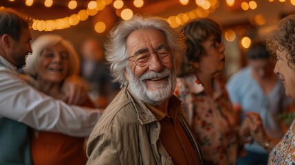 Fototapeta na wymiar Senior Man Joyfully Dancing at a Party, elderly man with a full beard smiles broadly as he enjoys a dance at a lively party surrounded by friends