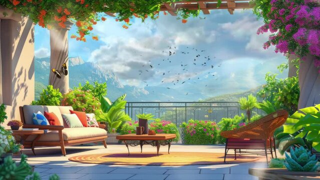 balcony with beautiful view in Scandinavia house interior background. Cartoon or anime watercolor digital painting illustration style. seamless looping 4k video animation background.