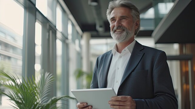 Happy middle aged business man ceo wearing suit standing in office using digital tablet. Smiling mature businessman professional executive manager looking away - generative ai