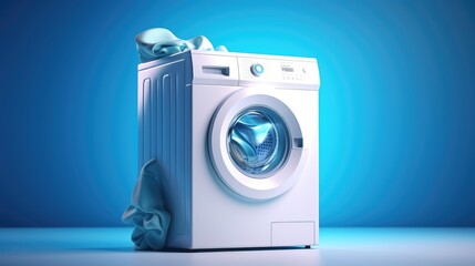 The striking contrast of a blue background and clothes surrounding a washing machine creates a visually appealing and dynamic laundry scene.