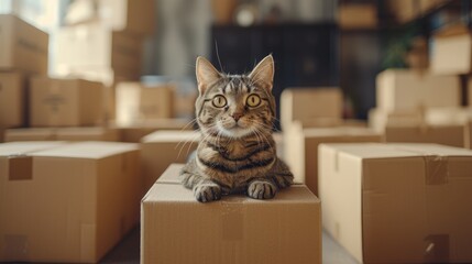 Curious Cat Amidst Cardboard Kingdom, watchful cat sits perched atop a cardboard box, surrounded by a maze of parcels, capturing the playful curiosity and exploration of domestic felines in a homely - obrazy, fototapety, plakaty