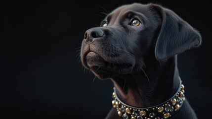 Regal Black Dog, black dog with a noble gaze, adorned with an ornate golden collar, exudes elegance