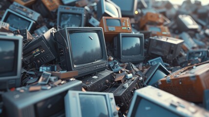 Pile of Discarded Electronics, vast heap of obsolete electronics, including old televisions and phones, showcasing technology waste - obrazy, fototapety, plakaty