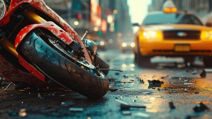 Aftermath of Urban Motorcycle Crash, vivid portrayal of a motorcycle accident on rain-slicked city...