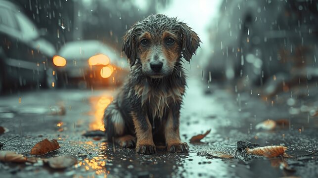 Lost Puppy in Rain on Urban Street, small, forlorn puppy sits on a wet city street under a rainfall, capturing a moment of vulnerability and the need for care and shelter