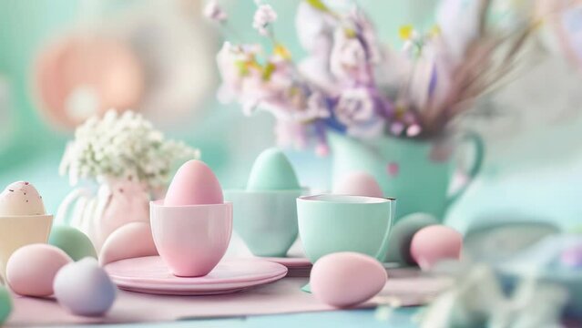 Pastel pink and blue Easter eggs are softly focused on a gentle colored table with spring flowers.

