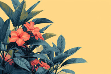 Hawaiian retro design, A digital illustration, modern clean wall art of a hawaiian retro design, minimalist monochromatic hawaiian plant design, solid colour background, clean, modern