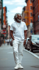 Old African man walking down the street of summer urban modern city