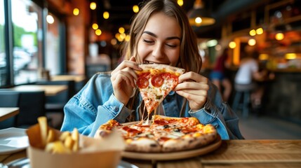 In a pizza place, a girl delights in her meal, savoring each slice with evident gusto and enthusiasm.