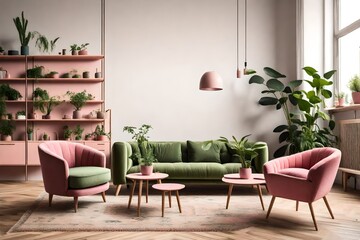 Green Sofa and pink armchair in spacious living room interior with plants and shelves near wooden table.