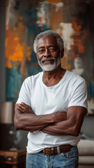 Obraz premium Old African man on background of modern loft colorful living room of house
