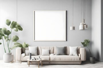 Frame mockup, ISO A paper size. Living room wall poster mockup. Interior mockup with house background. Modern interior design. 3D render - obrazy, fototapety, plakaty