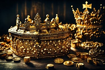 low key picture of a golden treasure box and a stunning queen or king's crown. retro filtered....