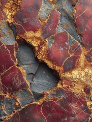 Red marble, a macro photograph captures the details of the red marble, with its natural golden patterns resembling the serpentine movement of an Eastern dragon.