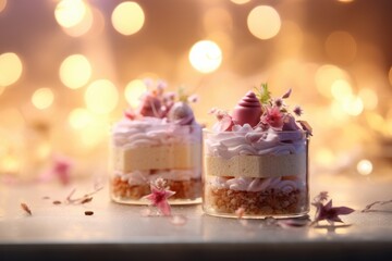 Bokeh lights creating a whimsical atmosphere around the heavenly dessert.