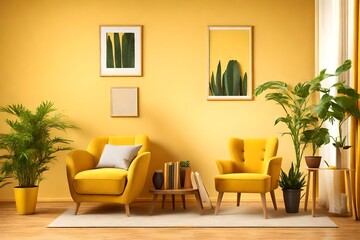 Living room interior with yellow fabric armchair,book and plants on empty yellow wall background