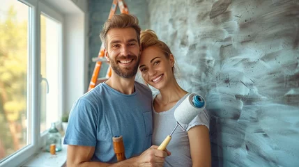 Foto op Plexiglas Smiling happy couple painting the wall of their new home holding paint rollers near ladder. Married man and woman doing repair renovation preparing to move into a new flat, copy space © Anastasiia