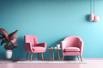 The interior has a pink armchair on empty blue wall background.The interior has a pink armchair on empty blue wall background