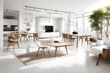 White living room and modern dining room with wooden furniture