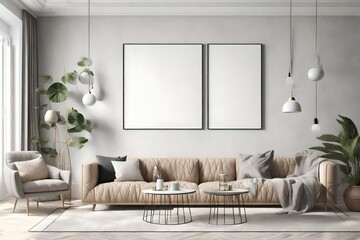 Frame mockup, ISO A paper size. Living room wall poster mockup. Interior mockup with house background. Modern interior design. 3D render By mtlapcevic