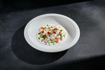 Burrata cheese with tomatoes and cilantro on a sleek backdrop; an elegant dish that combines creamy textures with the freshness of herbs