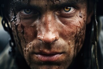 Obraz premium Fear of the military, horror in the eyes of a man, fear of war, Portrait of an Army with a dirty face in the forest. Ai generated