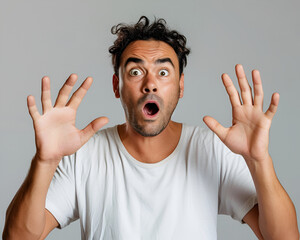 Shocked expression of a man, face of shock and disbelief, two hands raised, light gray background