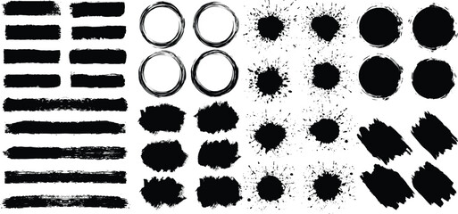 Big vector set of blots, grunge black paint, ink brush strokes. Grunge circle freehand drawing, Ink splatters, grungy painted lines, brush strokes, brushes, grungy. Dirty artistic design elements. - obrazy, fototapety, plakaty