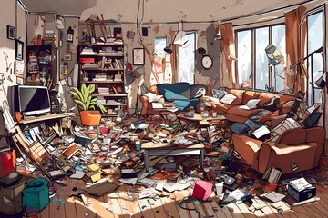 Messy living room interior. After party chaos - obrazy, fototapety, plakaty