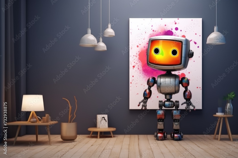 Poster concept of generative ai art technology, robot painting picture in studio. comeliness