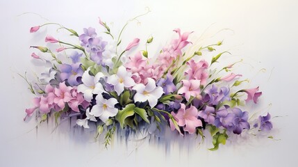 composition of delicate spring flowers, lilies of the valley and petunias on a light background, generative ai,  - obrazy, fototapety, plakaty