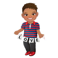 Valentine s Day with American African Boy holding letters of word LOVE cartoon character vector illustration
