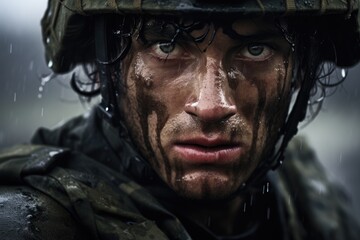 Fototapeta premium Fear of the military, horror in the eyes of a man, fear of war, Portrait of an Army with a dirty face in the forest. Ai generated