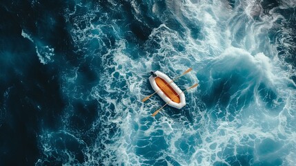 Aerial view of a lifeboat in rough sea. dynamic, vibrant ocean scene for dramatic impact. ideal for adventure themes. AI - obrazy, fototapety, plakaty