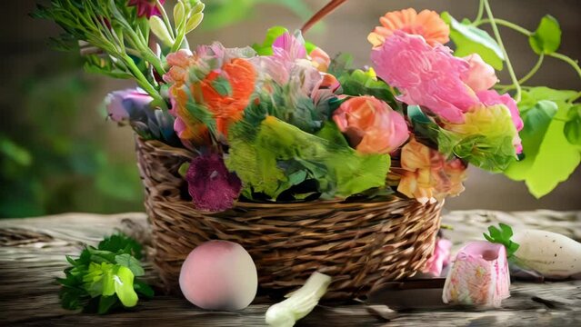 Rows of wicker baskets brimming with vibrant Easter flowers and eggs, creating an ambiance of springtime festivity.
