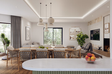 Open space living room and kitchen interior with large windows, TV wall, gray sofa, dining table and hardwood flooring. Modern design solution, 3d rendering
