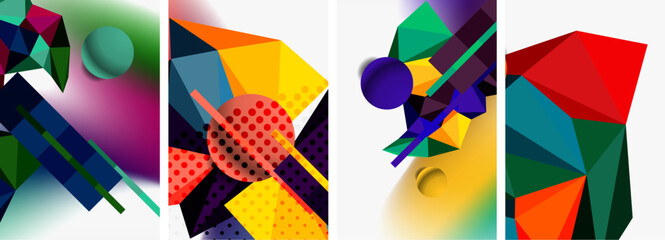 Set of geometric abstract composition with spheres and triangles. Vector illustration For Wallpaper, Banner, Background, Card, Book Illustration, landing page