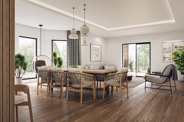 Open space living room and kitchen interior with large windows, TV wall, gray sofa, dining table and hardwood flooring. Modern design solution, 3d rendering
